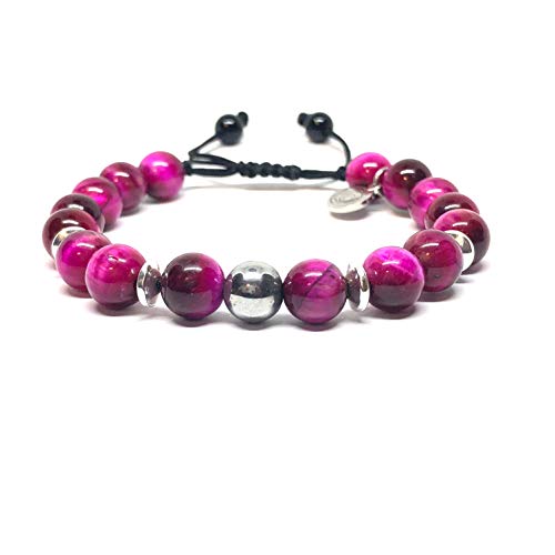 Ochrana Pulsera Ajustable con Ojo de Tigre Rosa y hematita Plateada de 8mm - Ochrana México