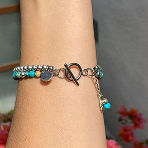 OCHRANA Pulsera de 17.5 cm de hematita plateada con jaspe sedimento azul turqueza doble de 4mm