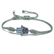 Cargar imagen en el visor de la galería, OCHRANA Pulsera ajustable de macramé plateado con dije de mano de Fatima de acero con zirconia
