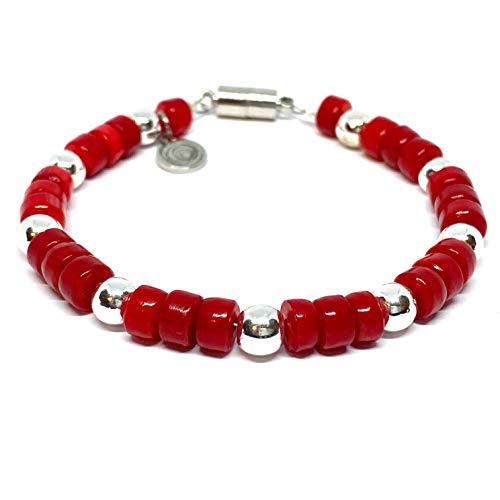 Ochrana Pulsera de 17.5 cm de Coral Rojo y hematita Plateada de 6mm con Broche magnético - Ochrana México