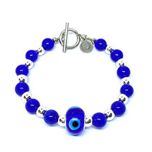 Cargar imagen en el visor de la galería, OCHRANA Pulsera de ágata azul con hematita plateada y ojo turco de cristal
