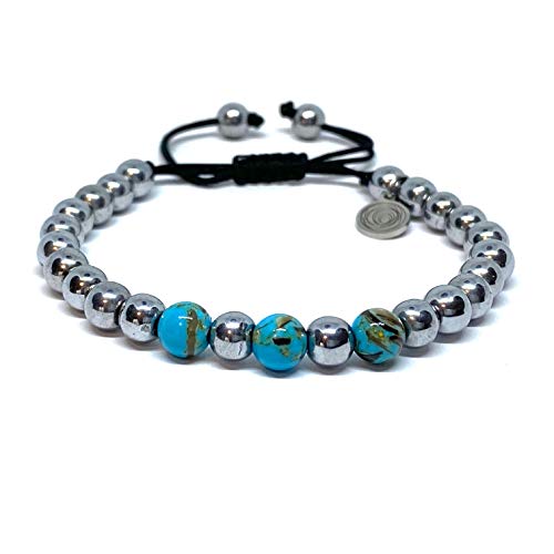 Ochrana Pulsera Ajustable de hematita Plateada Aluminio con howilta Azul Turquesa de 6mm - Ochrana México