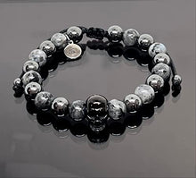 Cargar imagen en el visor de la galería, OCHRANA Pulsera ajustable de hematita con piedra de jaspe gris y calavera de acero de 8mm
