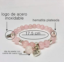 Cargar imagen en el visor de la galería, Pulsera de 17.5 cm con Cuarzo Rosa y hematita Plateada con Dije de corazón - Ochrana México
