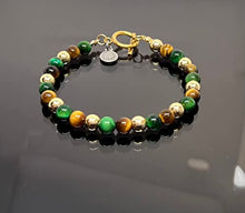 Cargar imagen en el visor de la galería, OCHRANA Pulsera de 17.5 cm de ojo de tigre verde y amarillo con hematita dorada de 6mm
