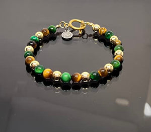 OCHRANA Pulsera de 17.5 cm de ojo de tigre verde y amarillo con hematita dorada de 6mm