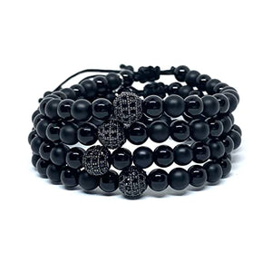 OCHRANA Pulsera ajustable de ágata negra de 6mm con dije zirconia redonda negra