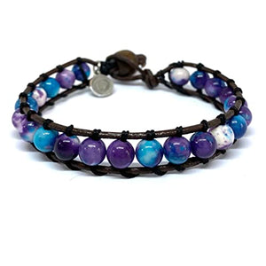 OCHRANA Pulsera de 17.5 cm de jaspe sedimento morado con cuero y broche de madera de 6mm