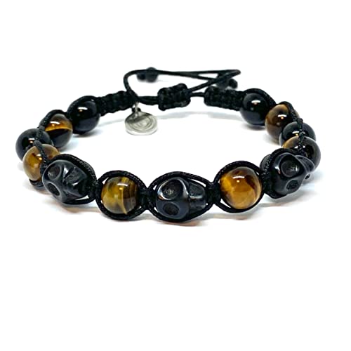 OCHRANA Pulsera ajustable de ojo de tigre, ágata negra y calavera de ágata de 8mm