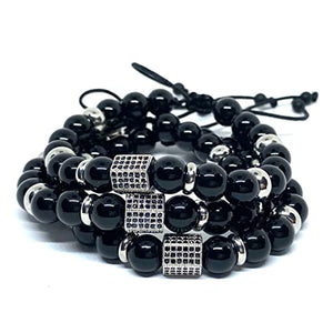 OCHRANA Pulsera ajustable de ágata negra y acero de 8mm con dije zirconia cubica plateada