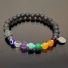 Cargar imagen en el visor de la galería, OCHRANA Pulsera elástica de 17.5 cm de los 7 Chakras con piedra volcánica de 6mm, dije de buda
