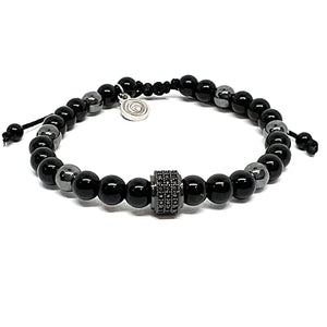 OCHRANA Pulsera ajustable de ágata negra con hematita y dije zirconia redonda negra de 6mm