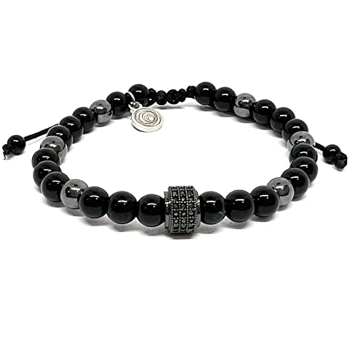 OCHRANA Pulsera ajustable de ágata negra con hematita y dije zirconia redonda negra de 6mm