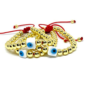 OCHRANA Pulsera ajustable de hematita dorada de 6mm con ojo turco de ceramica e hilo rojo de macramé