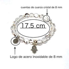 Cargar imagen en el visor de la galería, Pulsera de 17.5 cm con cuarzo cristal, hematita plateada y dije de mano de Fátima de 8mm - Ochrana México
