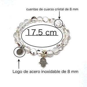 Pulsera de 17.5 cm con cuarzo cristal, hematita plateada y dije de mano de Fátima de 8mm - Ochrana México