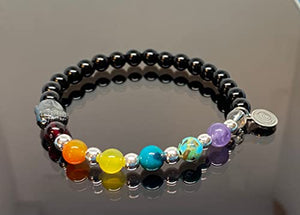 OCHRANA Pulsera elástica de 17.5 cm de los 7 Chakras con ágata negra de 6mm, dije de buda