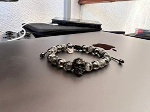 OCHRANA Pulsera ajustable de hematita con piedra de jaspe gris y calavera de acero de 8mm