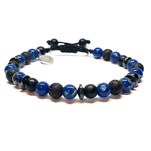 Ochrana Pulsera Ajustable de howlita Azul Profundo con ágata Negra, Piedra volcánica y hematita de 6mm - Ochrana México