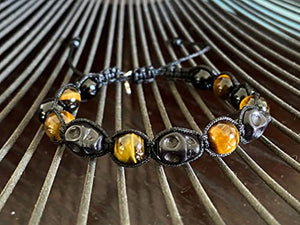 OCHRANA Pulsera ajustable de ojo de tigre, ágata negra y calavera de ágata de 8mm