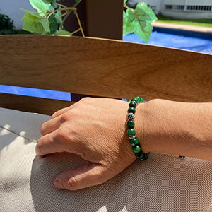 OCHRANA Pulsera ajustable de ojo de tigre verde de 8mm con dije zirconia redonda negra