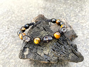 OCHRANA Pulsera ajustable de ojo de tigre, ágata negra y calavera de ágata de 8mm