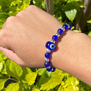 OCHRANA Pulsera de ágata azul con hematita plateada y ojo turco de cristal