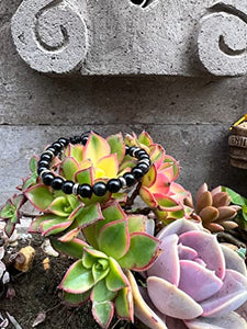 OCHRANA Pulsera ajustable de obsidiana con acero inoxidable de 6mm