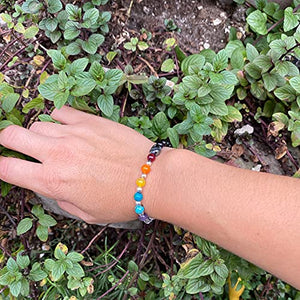 OCHRANA Pulsera elástica de 17.5 cm de los 7 Chakras con ágata negra de 6mm, dije de buda